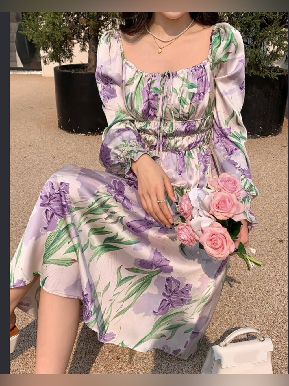 Lilac Floral Square-Neck Midi Dress